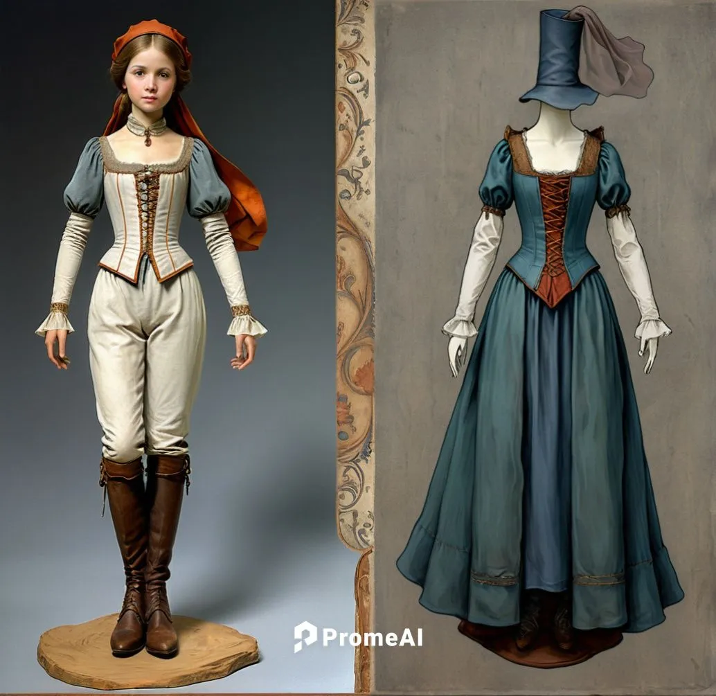 Paper doll one solo medieval noble women in white blouse ,grey tight legging with brown boot on the left standing with a headless faceless fashion mannequin clothing item set of elegant medieval noble