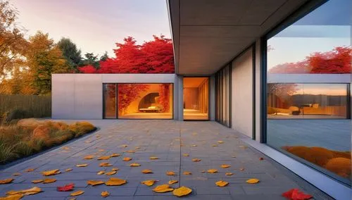 autumn decoration,autumn decor,fall landscape,seasonal autumn decoration,corten steel,autumn landscape,3d rendering,fireplaces,autumn motive,fire place,autumn scenery,autumn light,mid century house,glass wall,modern house,autumn theme,modern architecture,home landscape,window film,dunes house,Photography,General,Realistic