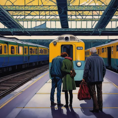 yellow line,the girl at the station,oil painting on canvas,last train,oil on canvas,subway,oil painting,subway station,train station,early train,train way,the train station,electric train,skytrain,train platform,train,the train,transit,long-distance train,trains,Conceptual Art,Fantasy,Fantasy 04