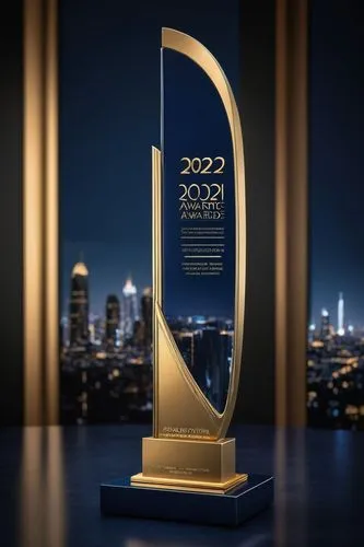 Modern architectural award trophy, golden metal material, sleek curved shape, intricate details, stage lights, dark blue background, elegant font "2021 Architecture Design Awards" inscription, solo st