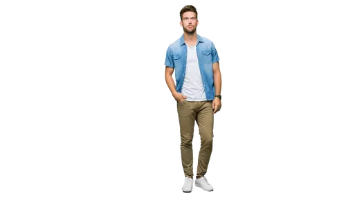 Casual young man, white shirt, relaxed fit, short sleeves, open collar, chest hair visible, simple necklace, denim jeans, brown belt, sneakers, standing, one hand in pocket, natural pose, soft outdoor