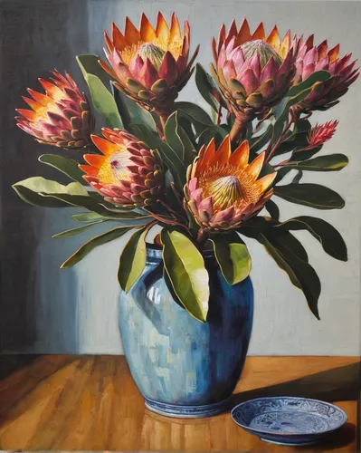 cloves schwindl inge,sunflowers in vase,protea,still life of spring,flower painting,cape marguerites,strawflower,protea family,floral composition,ikebana,giant protea,flower bowl,gazania,vase,carol colman,summer still-life,african daisies,australian daisies,flower vase,chrysanths,Illustration,American Style,American Style 11