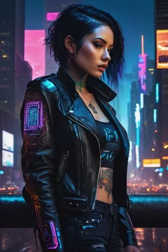 cyberpunk,renegade,jacket,futuristic,leather jacket,birds of prey-night,cyber,neon lights,dystopian,bolero jacket,femme fatale,ursa,cyborg,hk,neon light,cg artwork,80s,marina,enforcer,dusk background,Art,Classical Oil Painting,Classical Oil Painting 32