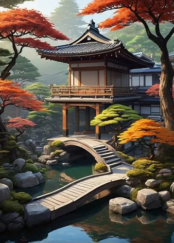 japanese garden,japan landscape,asian architecture,japanese shrine,japanese background,japanese garden ornament,koi pond,heian,japon,japan garden,cartoon video game background,japanese zen garden,teahouse,the golden pavilion,japanese art,golden pavilion,dojo,landscape background,oriental painting,world digital painting,Conceptual Art,Daily,Daily 24