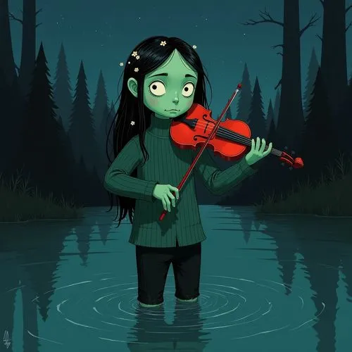 The image depicts a stylized animated character playing a violin while standing in a body of water at night. The character has green skin and long black hair peppered with white flowers. Their eyes ar