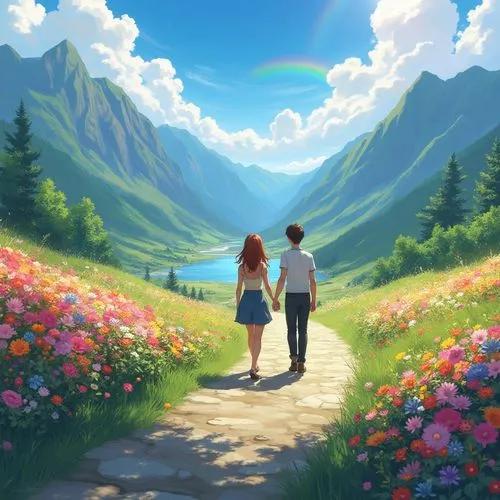 landscape background,springtime background,girl and boy outdoor,walking in a spring,romantic scene,ghibli,Photography,General,Realistic