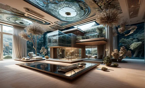 china cabinet,ornate room,marble palace,aquarium decor,mirror house,great room,vitrine,aquariums,jewelry（architecture）,luxury home interior,interior design,blue room,glass roof,skylight,3d fantasy,art gallery,luxury bathroom,fractal environment,fractals art,ceiling light