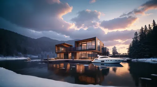 house with lake,the cabin in the mountains,house by the water,houseboat,floating huts,winter house,cube stilt houses,inverted cottage,house in the mountains,boat house,house in mountains,small cabin,l