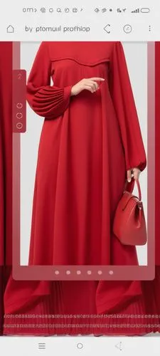 3d fashion drawing of women red  long maxi red  loose abaya fashion Muslim hijab with the pelisee and a lot of pleats on   sleeves pleated sleeves and elastic on the hand of the sleeves  loose abaya w