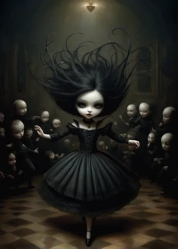 dance of death,danse macabre,marionette,dark art,gothic woman,gothic portrait,pierrot,goth woman,gothic fashion,mirror of souls,dark gothic mood,gothic,gothic dress,gothic style,tumbling doll,ballet master,goth subculture,killer doll,banishment,it,Illustration,Abstract Fantasy,Abstract Fantasy 06