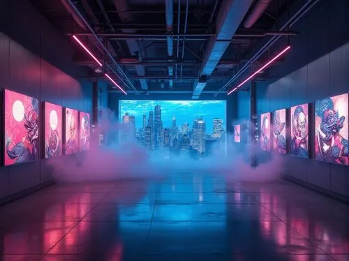 a museum exhibit,futuristic art museum,vapor,art gallery,neon ghosts,ngv,exhibitions,aqua studio,artscience museum,fotomuseum,ir,exhibit,cyberscene,factory hall,gallery,cyberarts,hallway,aquariums,sensorium,exhibited,Photography,General,Realistic