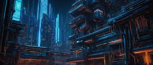 cybercity,cyberia,cybertown,metropolis,sulaco,cyberscene,cyberpunk,labyrinthian,microdistrict,cyberworld,bladerunner,tron,cybertron,maze,cyberview,dystopian,cyberport,alleyway,futuristic landscape,scifi,Illustration,American Style,American Style 07