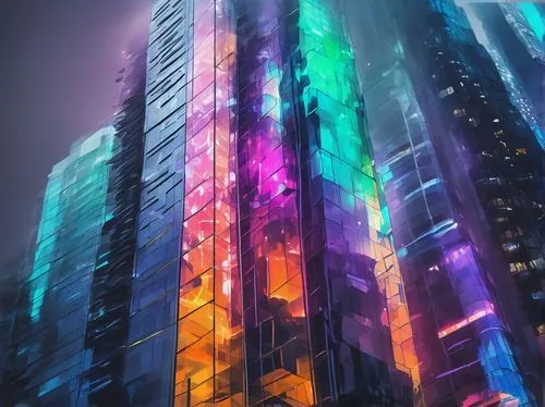 colorful city,glass building,colorful glass,cybercity,futuristic architecture,prisms,colorful light,colored lights,skyscraper,guangzhou,glass facades,ctbuh,tetris,hypermodern,skycraper,glass facade,skyscrapers,the skyscraper,glass blocks,pc tower,Conceptual Art,Oil color,Oil Color 21