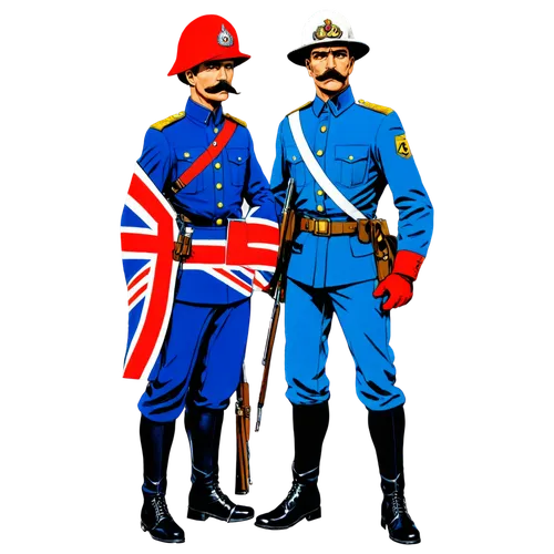 British cartoon soldier, red helmet, blue uniform, golden buttons, white gloves, black boots, mustache, serious facial expression, standing at attention, holding rifle, Union Jack flag on shoulder, co