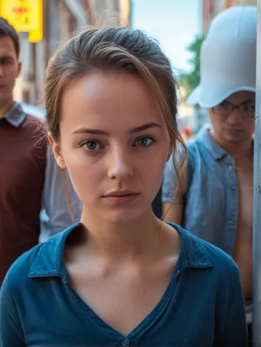 The scene takes place in a busy city. High resolution, background very blurred.,a beautiful young lady next to two men,the girl's face,abnegation,degrassi,lucaya,foreheads,lily-rose melody depp,Photog