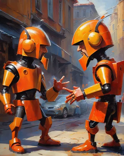 robots,robot combat,orange robes,rust-orange,droids,orange,robotics,storm troops,sci fiction illustration,helmets,bright orange,patrols,fire-fighting,miners,rescue workers,sci fi,scifi,duel,mandarins,aperol,Conceptual Art,Oil color,Oil Color 03