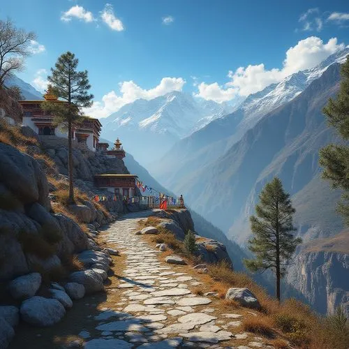 High-altitude plateau, Tibetan-inspired architecture, prayer flags, intricately carved wooden doors, vibrant colored windows, snow-capped mountains in background, clear blue sky with few white clouds,