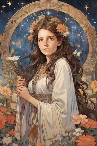 artemisia,jessamine,virgo,zodiac sign libra,mary-gold,mucha,flowers celestial,fae,priestess,angelica,flora,kahila garland-lily,mystical portrait of a girl,joan of arc,star mother,the prophet mary,art nouveau,rusalka,flower fairy,faerie