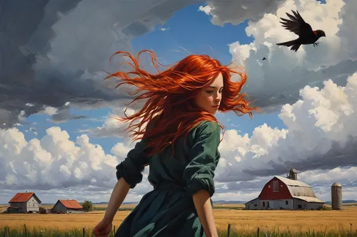 little girl in wind,transistor,fantasy picture,prairie,wind,fantasy art,winds,red-haired,cockerel,ear of the wind,world digital painting,wind vane,sci fiction illustration,scythe,wind finder,holland,murder of crows,clary,falconer,redheads,Conceptual Art,Fantasy,Fantasy 15