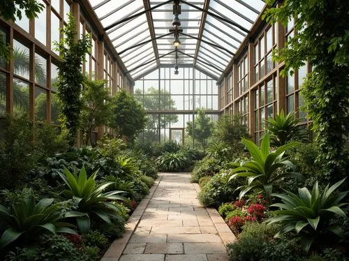 Vibrant greenhouse interior, lush greenery, tropical plants, natural stone flooring, wooden trellises, rustic metal frames, large skylights, clerestory windows, solar tubes, diffused soft lighting, wa