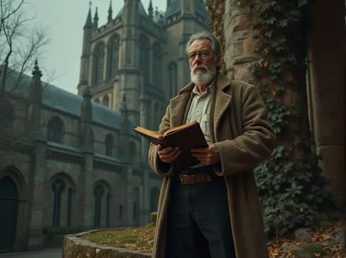 Mysterious professor, middle-aged man, glasses, beard, tweed jacket, white shirt, dark brown trousers, leather boots, holding a worn-out book, standing in front of a grand, Gothic-style watching tower