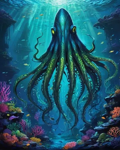 under sea,kraken,deep sea,octopus,undersea,underwater background,cephalopod,god of the sea,under the sea,squid game card,the bottom of the sea,cuthulu,fun octopus,calamari,sea animal,octopus vector graphic,sea-life,bottom of the sea,under the water,octopus tentacles,Conceptual Art,Sci-Fi,Sci-Fi 10