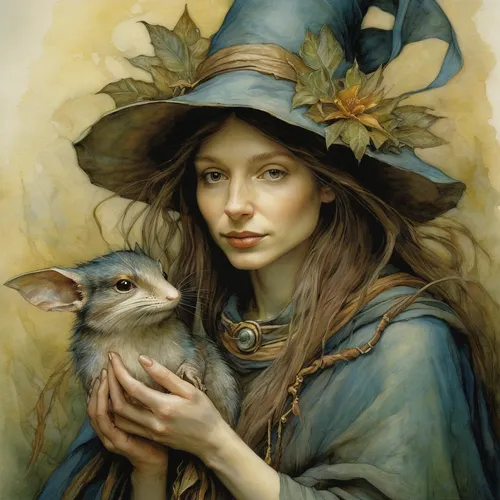 fantasy portrait,cat sparrow,faery,mystical portrait of a girl,faerie,girl with dog,fantasy art,eglantine,goatflower,pilgrim,the enchantress,romantic portrait,fairy tale character,capricorn mother and child,girl with bread-and-butter,the hat of the woman,rabbits and hares,artist portrait,sorceress,wren,Illustration,Realistic Fantasy,Realistic Fantasy 14