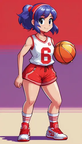 Young girl, digital illustration, girl in basketball uniform, full body, standing position, jersey number 6, holding basketball, short bobbed hair, sharp white and red sportswear, sneakers, bright red