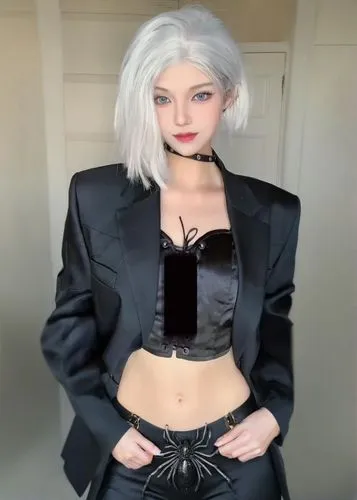 a person wearing a black suit and silver hair,cruella,domino,pvc,cruella de ville,black leather,bri