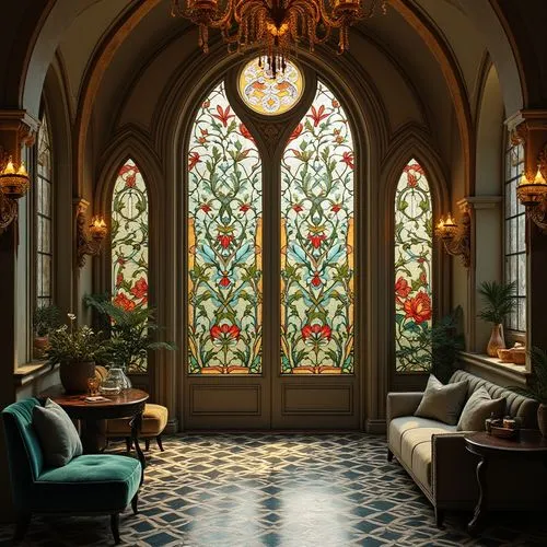 Intricate botanical patterns, organic shapes, flowing curves, ornate ironwork, stained glass windows, wooden accents, carved furniture, velvet textiles, jewel-toned colors, luxurious fabrics, opulent 