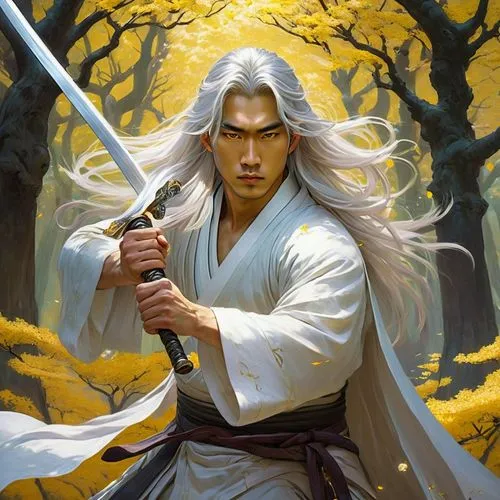 handsome asian young man with long silver hair, yellow glowing eyes eyes, white and golden robes, two swords, fantasy sakura forest, he is maditating,rongfeng,yuhuan,seregil,glorfindel,yi sun sin,rais