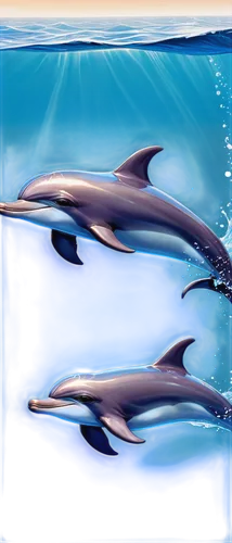 Dolphins, swimming, leaping out of water, shiny blue skin, dorsal fin, blowhole, ocean waves, sunlight reflection, close-up face, friendly smile, playful actions, tropical sea, clear turquoise water, 