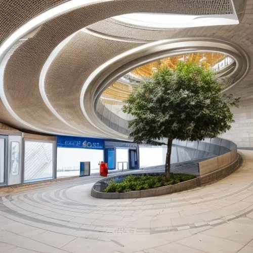 underground bazaar descending with a ramp, natural lighting from the top and led lightings on the ceiling,hongdan center,airport terminal,oval forum,danube centre,hall of nations,school design,lobby,c