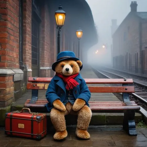 Knuckles Paddington, teddy bear, red hat, blue scarf, big eyes, cute nose, furry body, sitting on a bench, holding a suitcase, waiting for a train, vintage luggage labels, old-fashioned lanterns, fogg