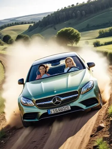 Mercedes car with three women in it going at high speed over a dirt road.
,two girls are driving in the car that is kicking up dust,mercedescup,mercedes sl,mercedes amg a45,sl 65 amg,amg,mercedes-amg 