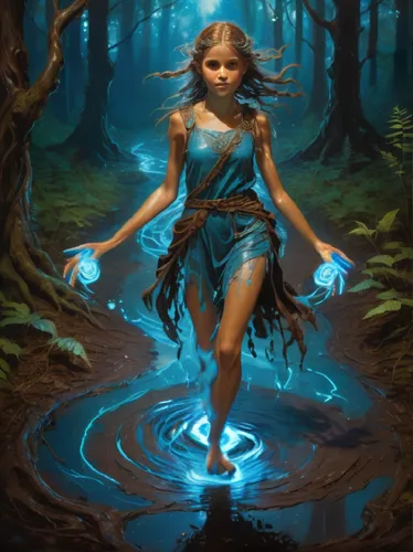 spinning orbs of blue magic fall from a girl's hands into the swirling water at her feet,blue enchantress,faerie,sorceror,mystical portrait of a girl,fae,fantasy picture,dryads,sorceress,dryad,the enc