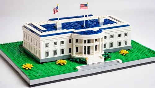 White House, Lego architecture, modern minimalist, solo building, daytime, clear sky, sunny, warm light, green lawn, trimmed hedges, flower beds, pedestrian path, American flag, detailed windows, door