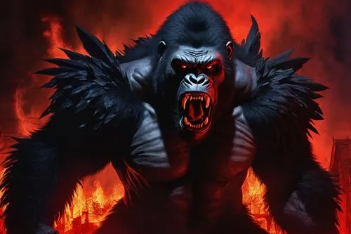 Demonic gorilla, muscular, intense gaze, glowing red eyes, sharp teeth, black fur with crimson undertones, ripped demonic wings, claws, hellish aura, dark smoke surrounding, infernal flames in backgro