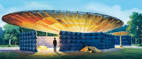 a person standing under a very large tent,aerostat,round hut,dirigibles,aerostats,montgolfier,musical dome,Illustration,Paper based,Paper Based 07