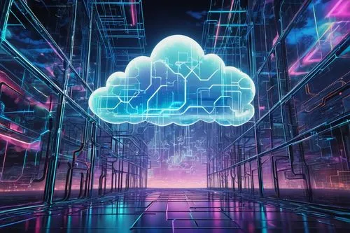 Hybrid cloud, architectural diagram, 3D illustration, futuristic, glowing lines, nodes, servers, clouds, abstract background, neon lights, cyberpunk, detailed texture, metallic material, circuit board