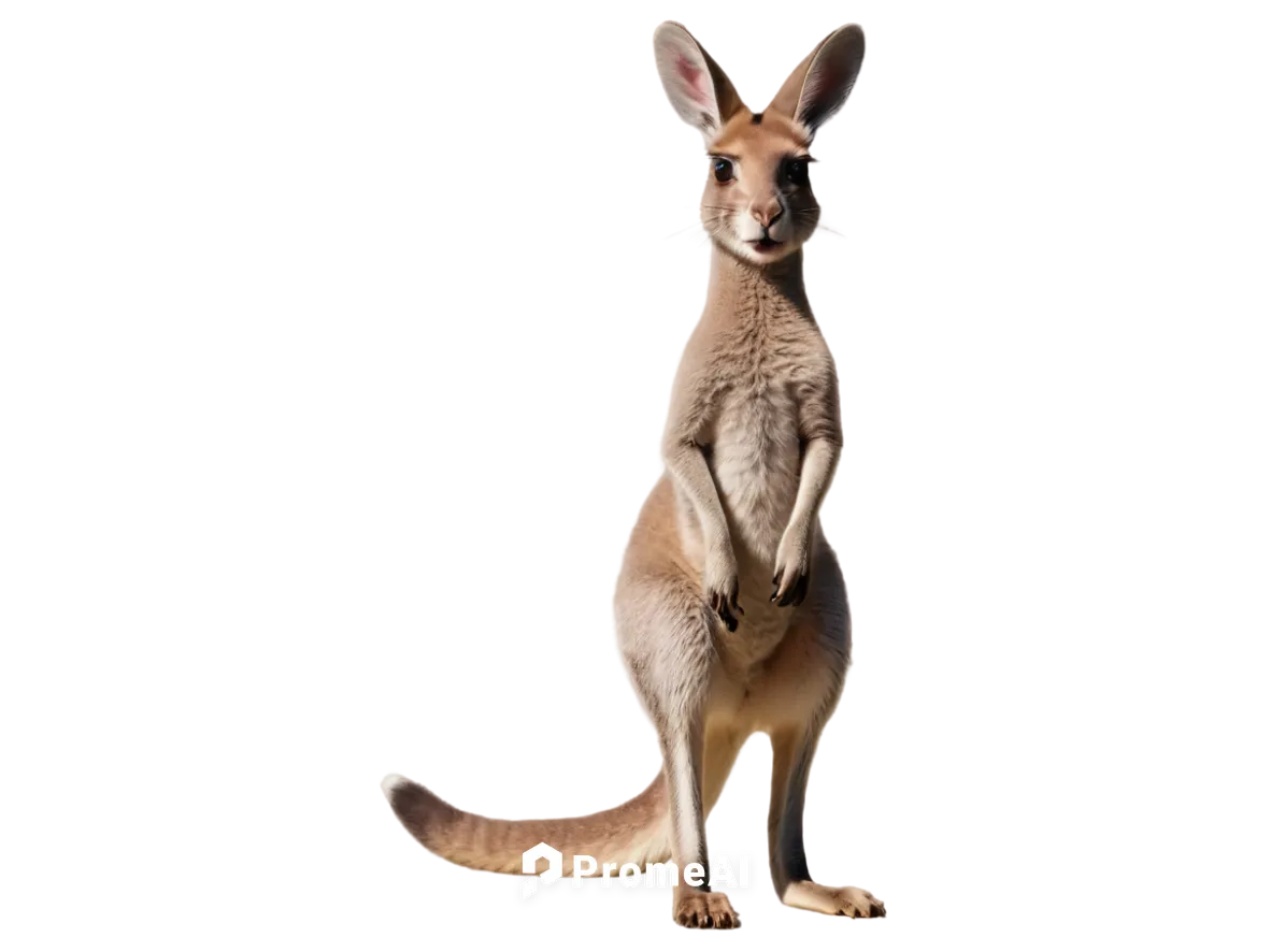 Australian kangaroo, cute expression, fluffy fur, brown eyes, pink nose, strong hind legs, pouch, standing on hind legs, grassland background, warm sunlight, 3/4 composition, shallow depth of field, n