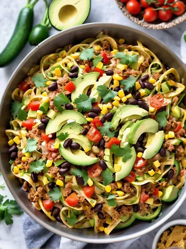 One Pot Cheesy Taco Zucchini Noodle Skillet is a healthy spin on Taco Tuesday! Zucchini noodles, enchilada spiced ground turkey, black beans, corn and creamy avocado help makeover this dish!,colorful 