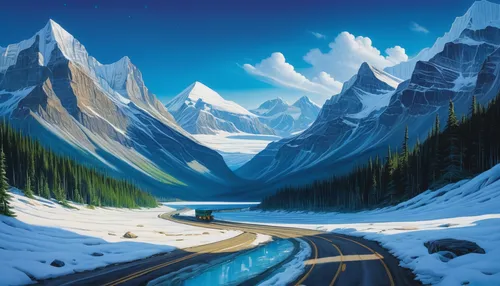 icefield parkway,mountain highway,mountain road,alpine drive,mountain pass,icefields parkway,snowy mountains,steep mountain pass,snowy peaks,alpine route,snow mountains,cascade mountain,mountains,canadian rockies,mountain scene,snow slope,mountains snow,snow landscape,mountain landscape,mountainous landscape,Illustration,Realistic Fantasy,Realistic Fantasy 08