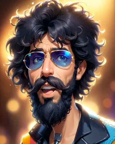 caricatura de Raul Seixas cantor de Rock, com bigode e barba e óculos escuros ,a painting of an hipster with glasses and a mustache,serpico,devendra,ringo,ayoade,serj,ghossein,Anime,Anime,Cartoon