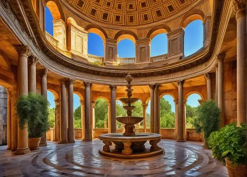 Roman architecture, ancient ruins, detailed stone carvings, arches, columns, grand entrance, marble floors, ornate decorations, intricate mosaics, vaulted ceilings, Pantheon-inspired dome, classical s