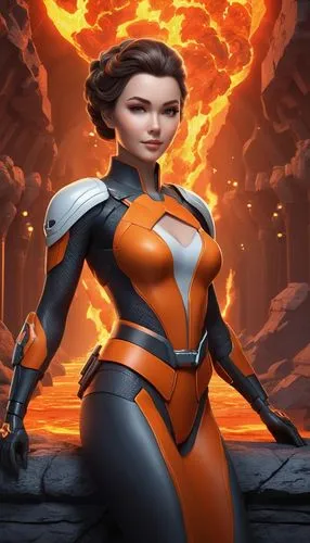 Photorealistic portrait of a woman with natural makeup, soft lighting, and a serene background.,an animated character in a space station, with flames behind her,orange,liora,padme,symetra,velma,magma,