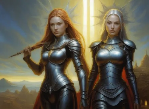 two women dressed in medieval knight armor,sorceresses,priestesses,matriarchs,imerys,valkyries,inquisitors