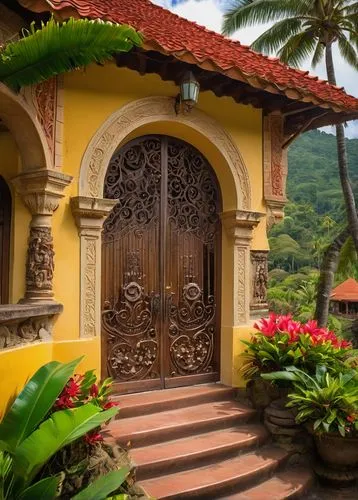 Tropical Costa Rican architecture, colorful stucco walls, curved lines, ornate wooden doors, vibrant tile roofs, lush greenery, palm trees, exotic flowers, intricate stone carvings, rustic wooden acce