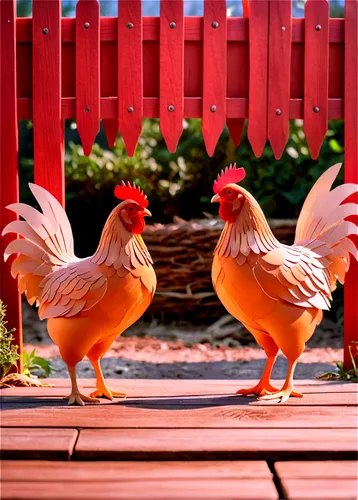 Farming chickens, two chickens, standing, feeding, pecking, brown feathers, red comb, beak, claws, rustic wooden fence, morning sunlight, soft focus, warm color tone, 3/4 composition, shallow depth of