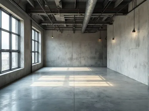 Industrial building, modern architecture, plastered concrete wall, exposed ductwork, metal beams, industrial pipes, minimal decor, functional lighting, cement floor, steel door, urban atmosphere, dayt